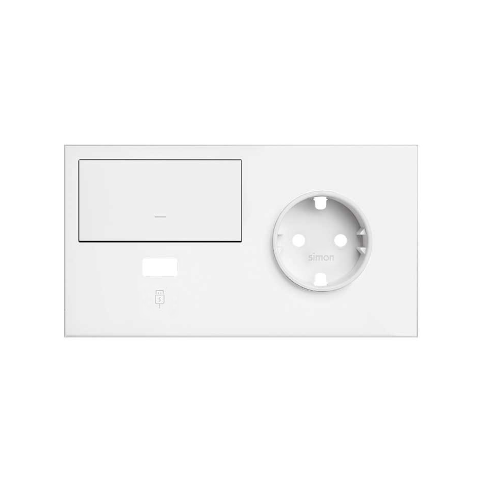Kit front para 2 elementos con 1 base de enchufe schuko, 1 tecla y 1 cargador USB derecha blanco mate Simon 100