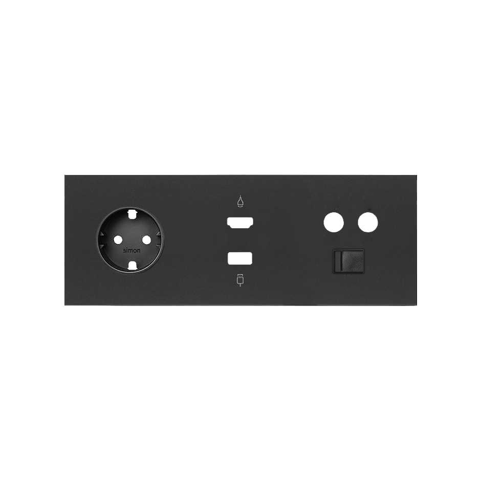 Front kit for 3 elements with 1 German socket outlet, 1 HDMI + USB connector and 1 single R/TV+SAT socket matt black Simon 100