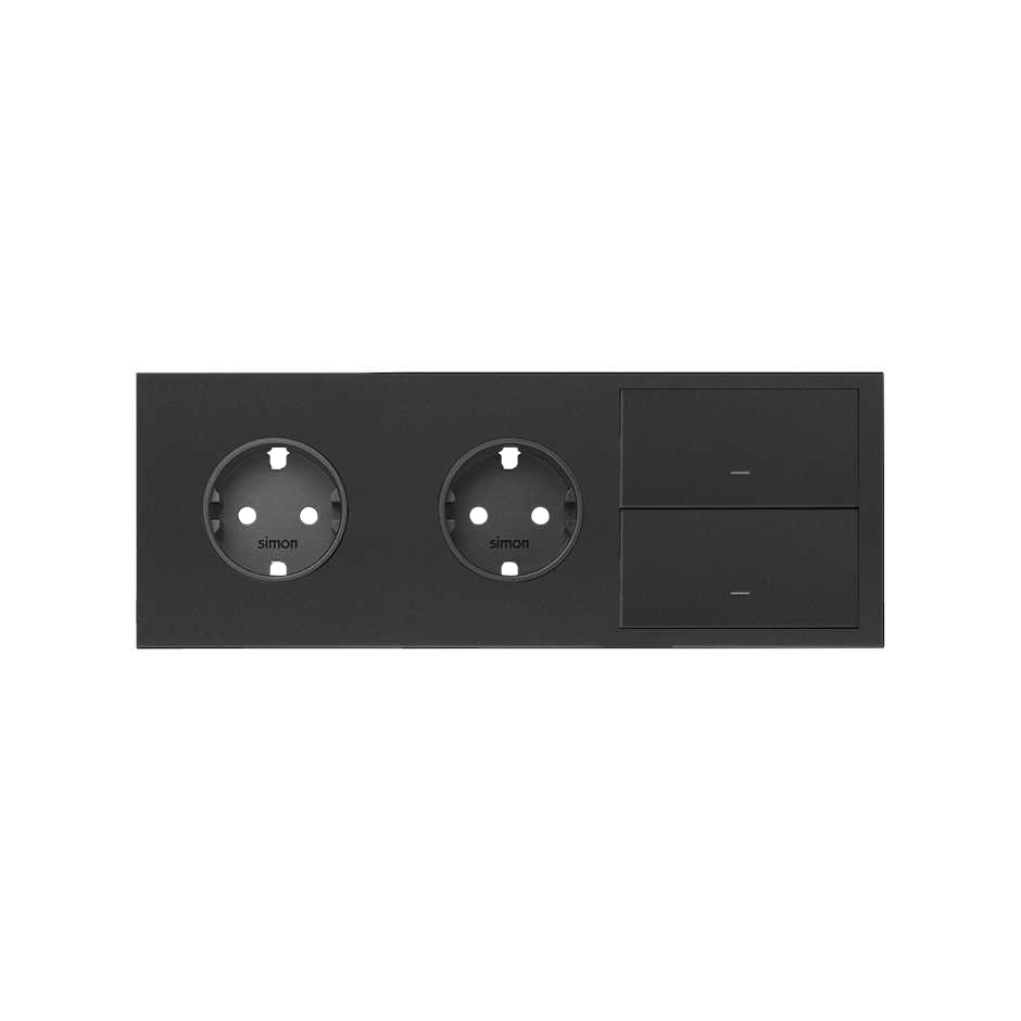Front kit for 3 elements with 2 German socket outlets and 2 rockers matt black Simon 100