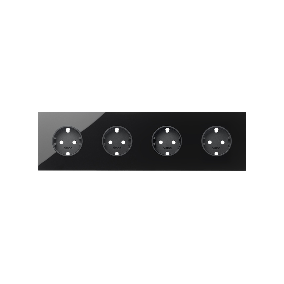 Kit front para 4 elementos con 4 bases enchufe schuko negro brillante Simon 100
