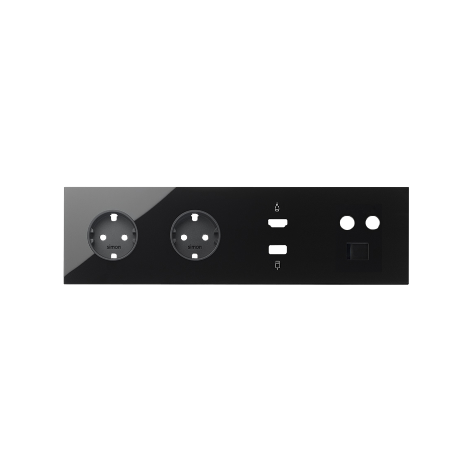 Kit front para 4 elementos con 2 bases de enchufe schuko, 1 conector HDMI + USB, 1 toma R-TV+SAT + 1 RJ45 negro brillante Simon 100