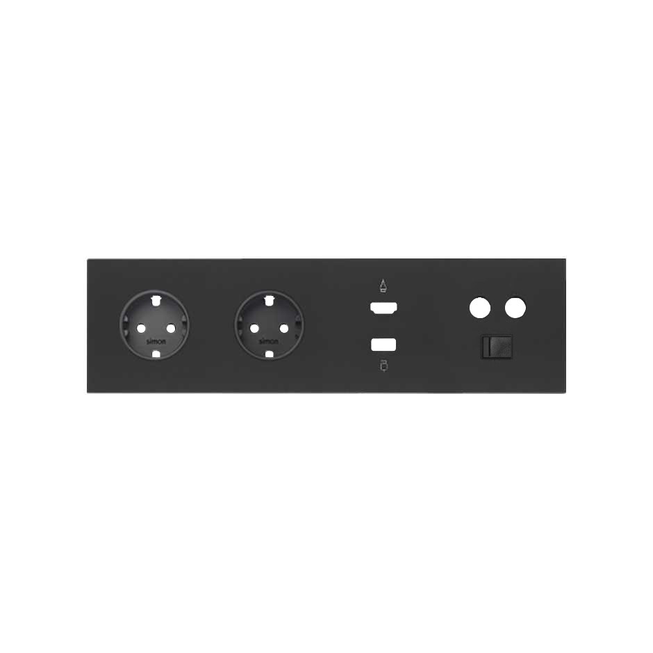 Кит на 4 поста, фронт: накладка на 2 розетки Schuko + 1 розетку TV+SAT + 1 розетку RJ45 + 1 розетку HDMI + 1 розетку USB цвета черный матовый Simon 100