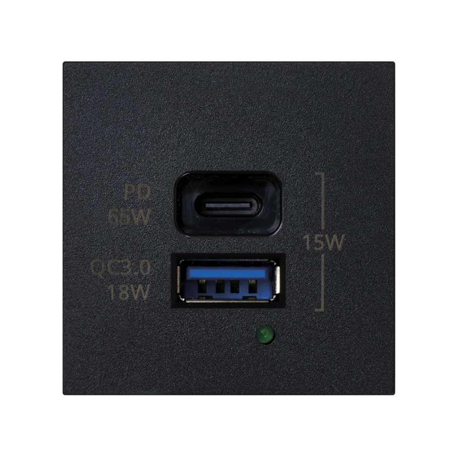 Cargador USB tipo A+C 65W con Power Delivery y Quickcharge 2 elementos K45 negro