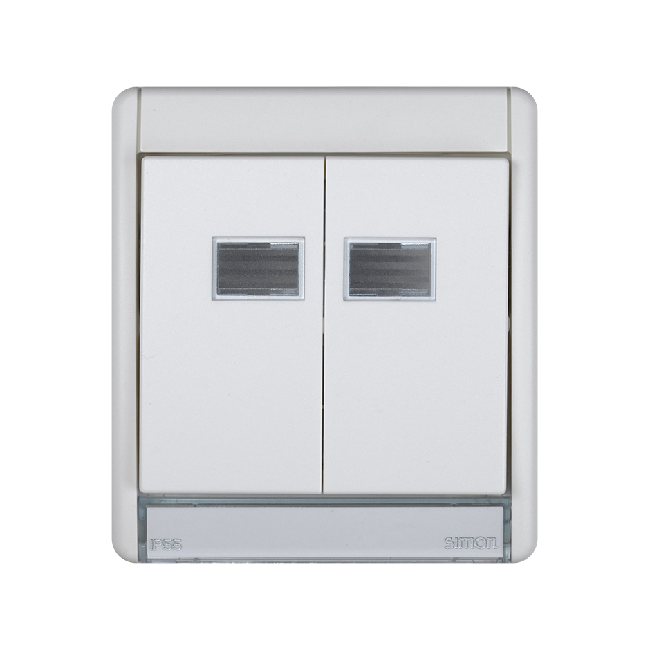 Grupo modular de 2 interruptores IP55 10AX com iluminação e embalagem integradas. branco rápido Simon Aqua