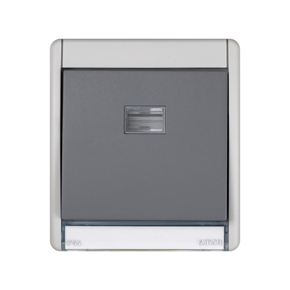 Conmutador monobloc IP55 10AX 250V~ con luminoso incorporado y emb. rápido para superficie gris Simon Aqua
