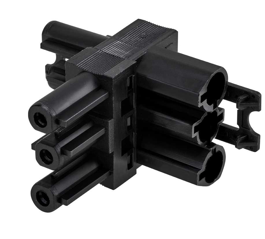 T-connector with 1 male input and 2 female 3-pole outputs with cable locking system Black Simon Electrical Wiring