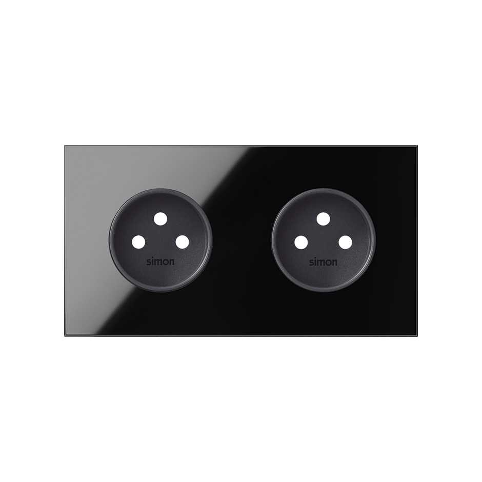 Front face kit for 2 elements with 2 2P sockets, gloss black Simon 100