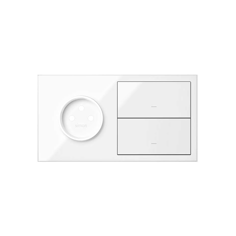 Front face kit for 2 elements with 1 2P socket and 2 gloss white keys Simon 100