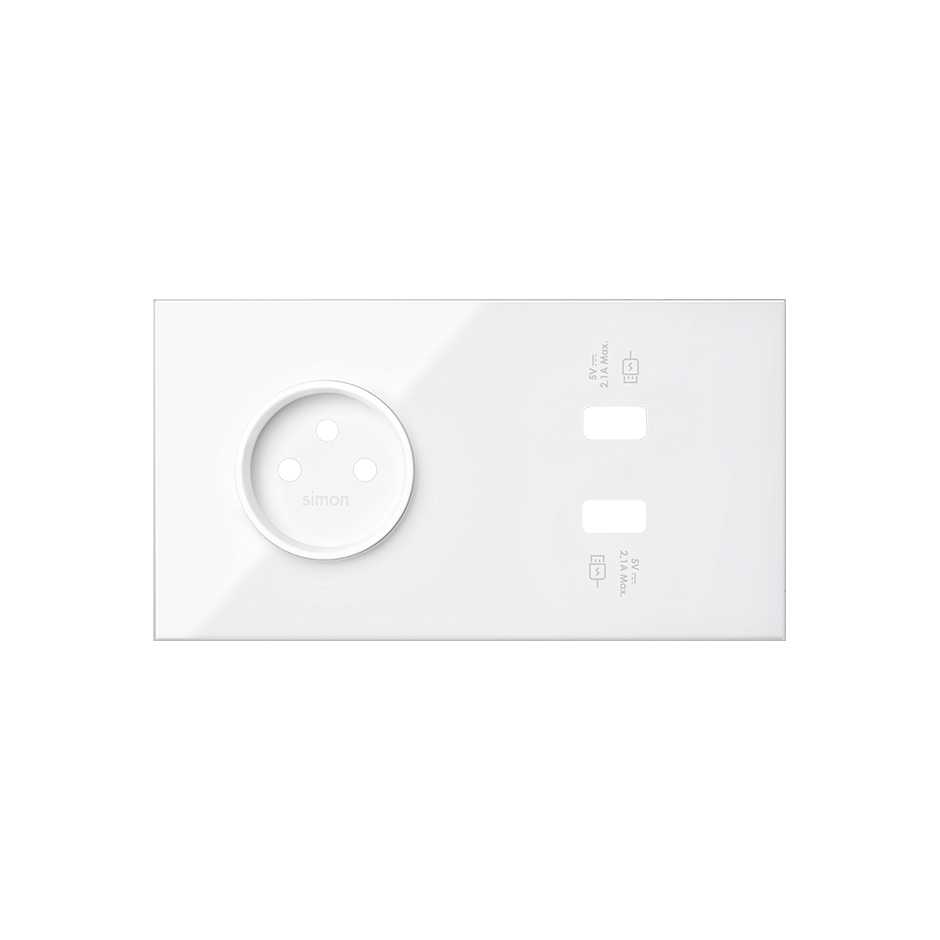 Front face kit for 2 elements with 1 2xUSB charger and 1 2P socket outlet gloss white Simon 100