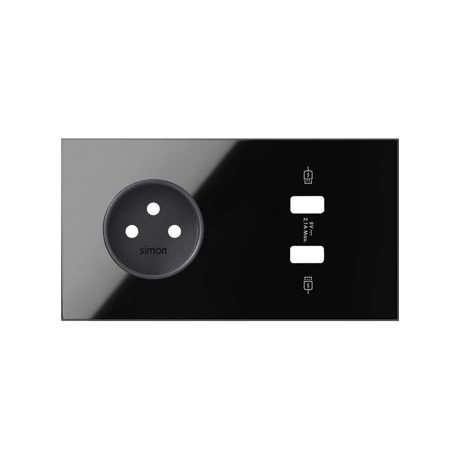 Front face kit for 2 elements with 1 2xUSB charger and 1 2P socket outlet gloss black Simon 100