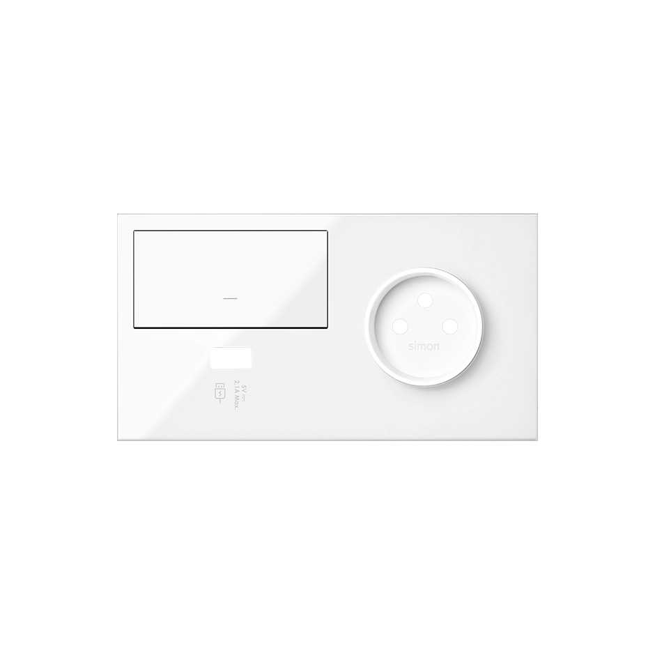 Front face kit for 2 elements with 1 button, 1 straight USB charger and 1 gloss white 2P plug Simon 100