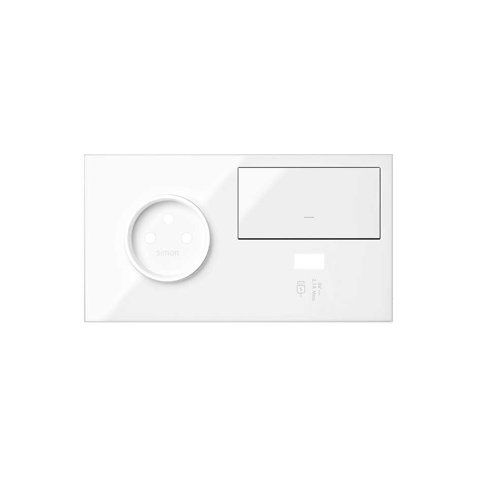 Front face kit for 2 elements with 1 2P socket, 1 button and 1 left gloss white USB charger Simon 100