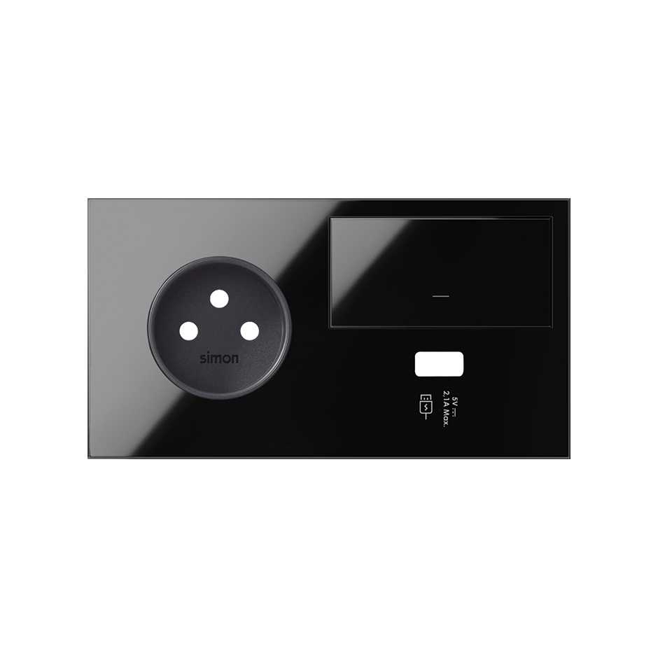 Front face kit for 2 elements with 1 2P socket, 1 button and 1 left gloss black USB charger Simon 100