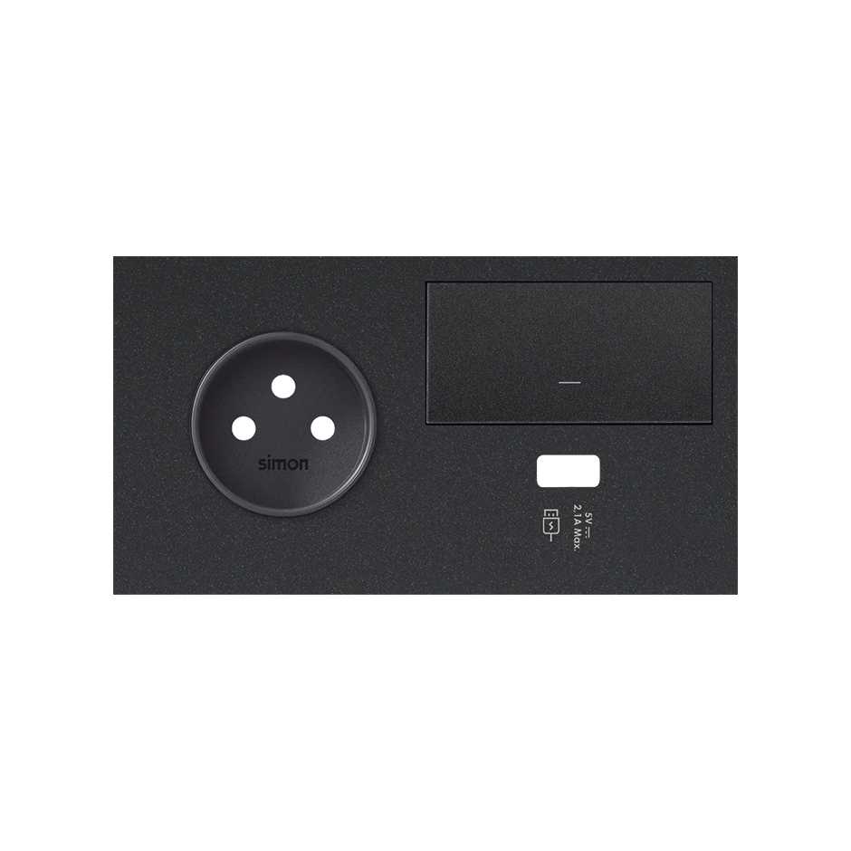 Front face kit for 2 elements with 1 2P socket, 1 button and 1 left matt black USB charger Simon 100