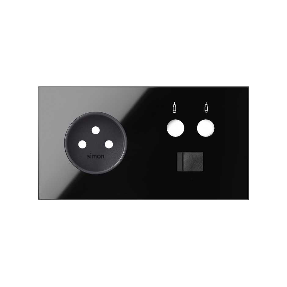 Kit face avant pour 2 éléments avec 1 prise 2P, 1 prise simple R / TV + SAT avec 1 connecteur RJ45 catégorie 6 UTP noir brillant Simon 100