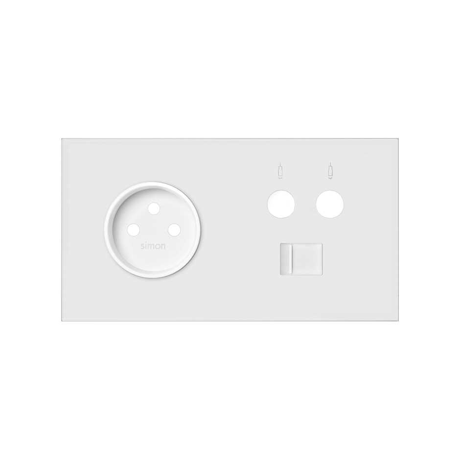Kit face avant pour 2 éléments avec 1 prise 2P, 1 prise simple R / TV + SAT avec 1 connecteur RJ45 catégorie 6 UTP blanc mat Simon 100