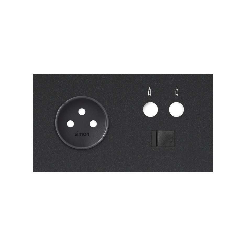 Kit face avant pour 2 éléments avec 1 prise 2P, 1 prise simple R / TV + SAT avec 1 connecteur RJ45 catégorie 6 UTP noir mat Simon 100