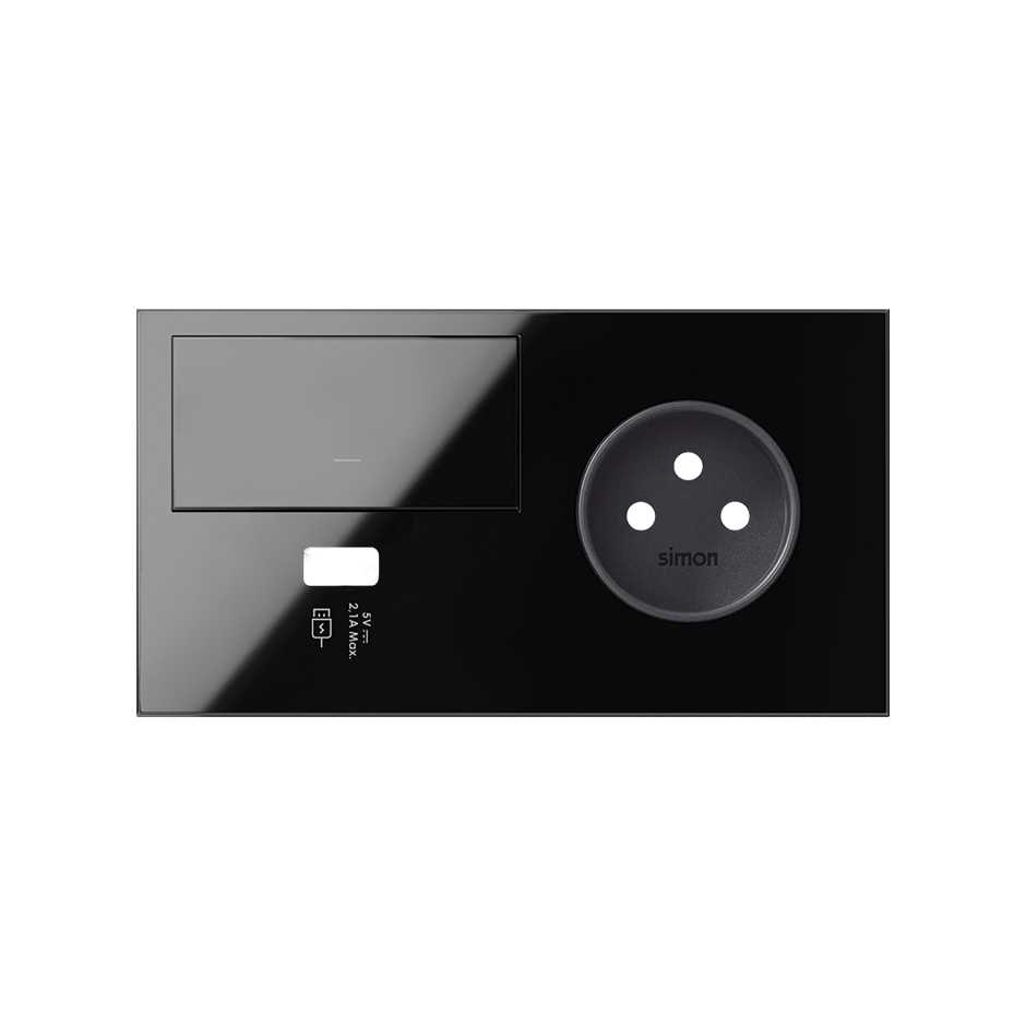 Kit face avant pour 2 éléments avec 1 variateur, 1 chargeur USB droite et 1 prise 2P noir brillant Simon 100