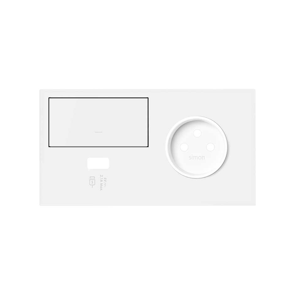 Kit face avant pour 2 éléments avec 1 variateur, 1 chargeur USB droite et 1 prise 2P blanc mat Simon 100