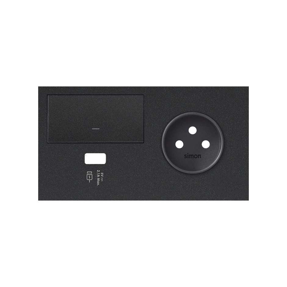 Kit face avant pour 2 éléments avec 1 variateur, 1 chargeur USB droite et 1 prise 2P noir mat Simon 100