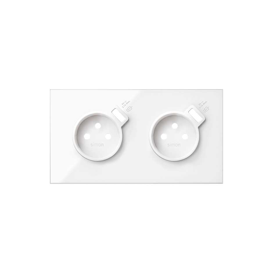 Front face kit for 2 elements with 2 2P sockets, 2 integrated gloss white USB chargers Simon 100