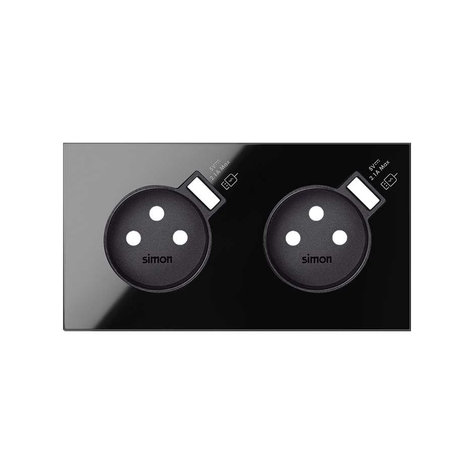 Front face kit for 2 elements with 2 2P sockets, 2 integrated gloss black USB chargers Simon 100