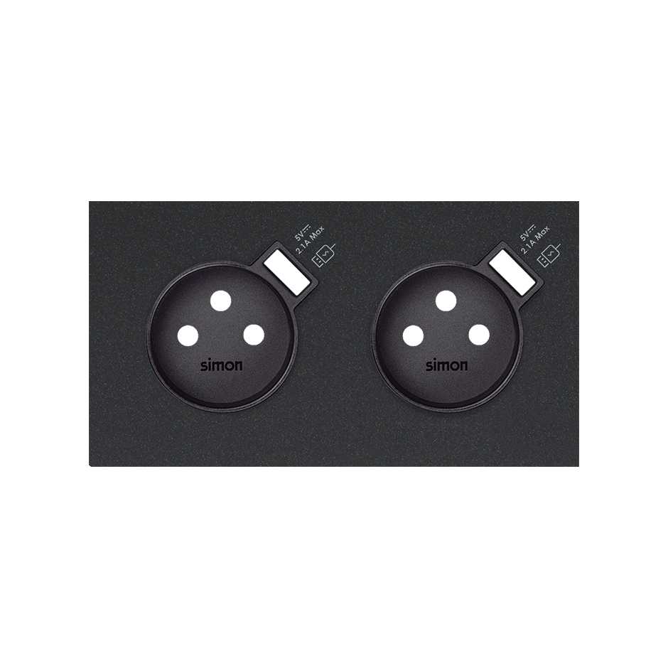 Front face kit for 2 elements with 2 2P sockets, 2 integrated matt black USB chargers Simon 100