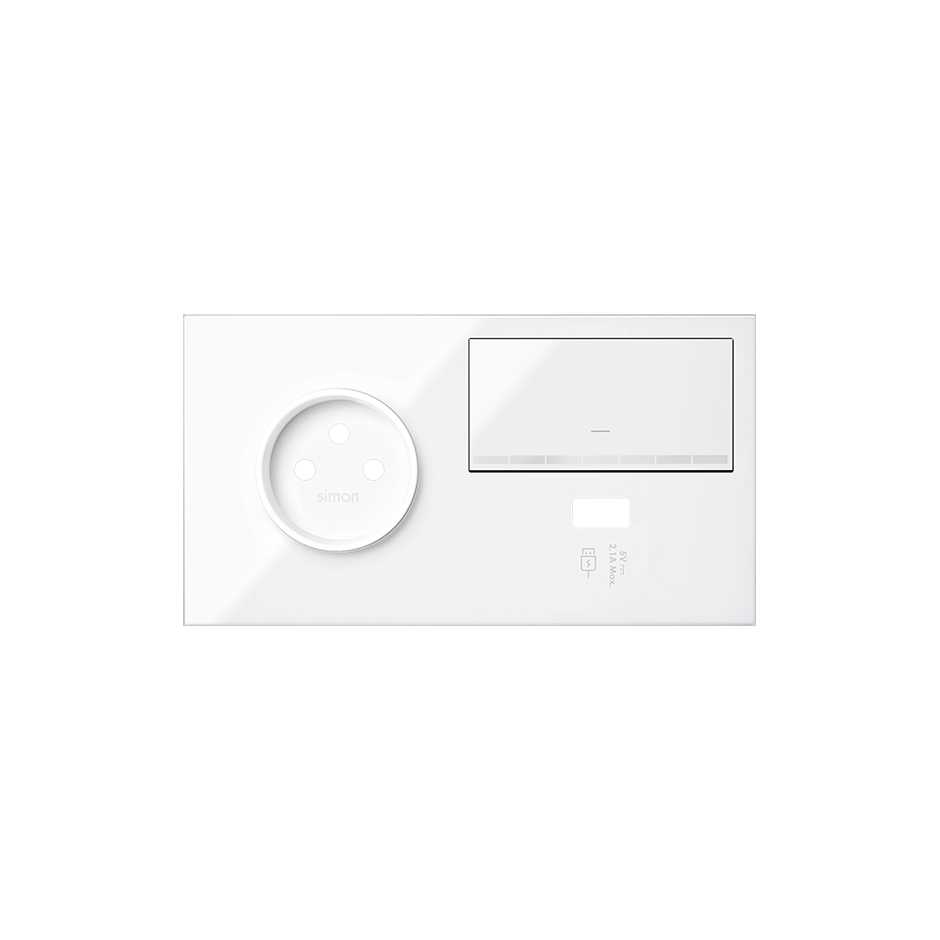 Kit face avant pour 2 éléments avec 1 prise 2P, 1 variateur et 1 chargeur USB gauche blanc brillant Simon 100