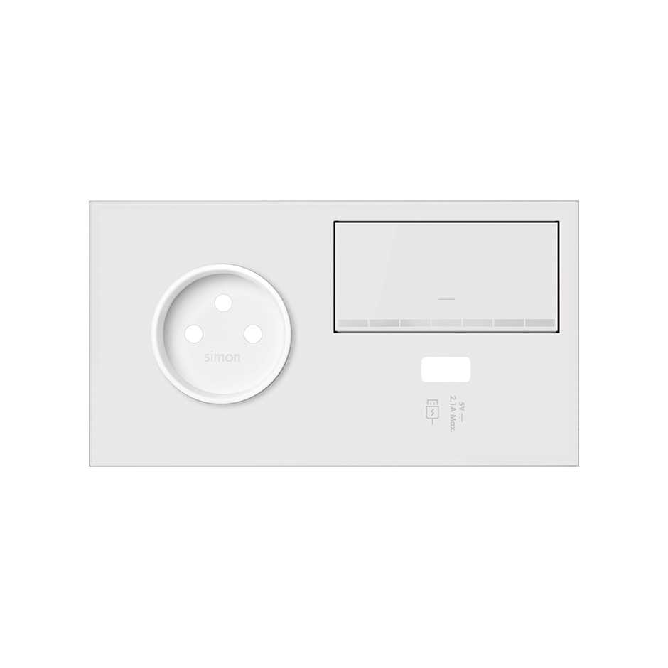 Front face kit for 2 elements with 1 2P socket, 1 dimmer and 1 left matt white USB charger Simon 100