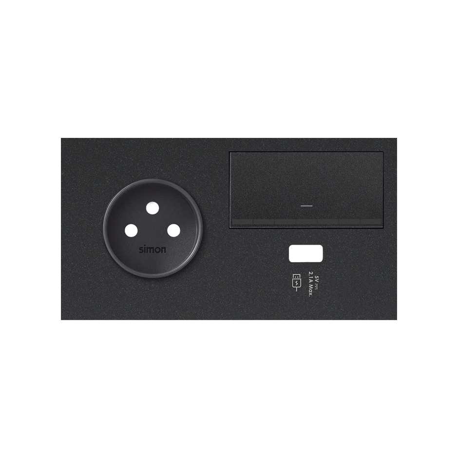 Front face kit for 2 elements with 1 2P socket, 1 dimmer and 1 left matt black USB charger Simon 100