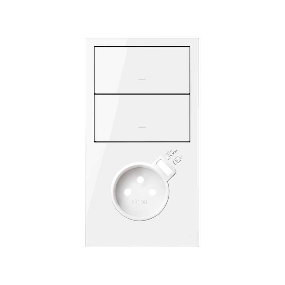 Kit frontal vertical pour 2 éléments avec bouton et base avec chargeur USB intégré blanc brillant Simon 100