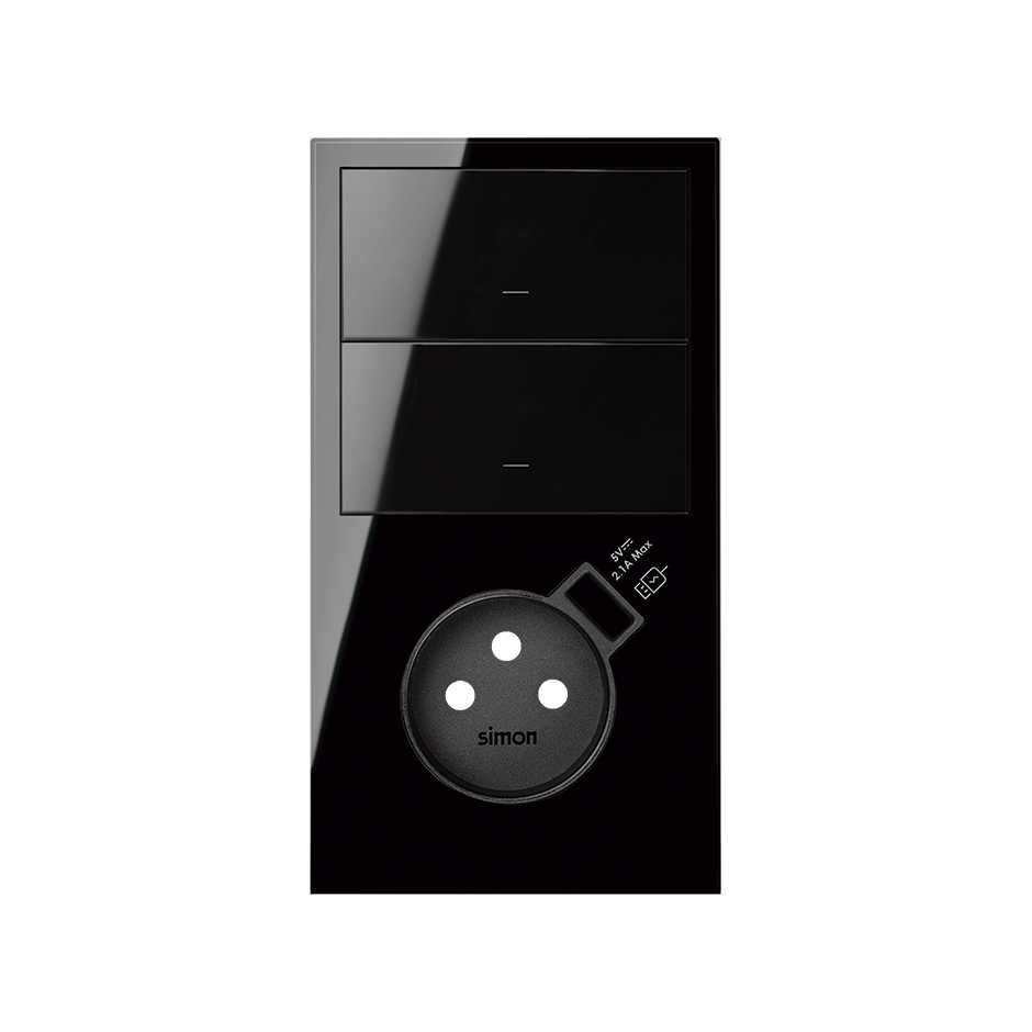 Kit frontal vertical pour 2 éléments avec bouton et base avec chargeur USB intégré noir brillant Simon 100