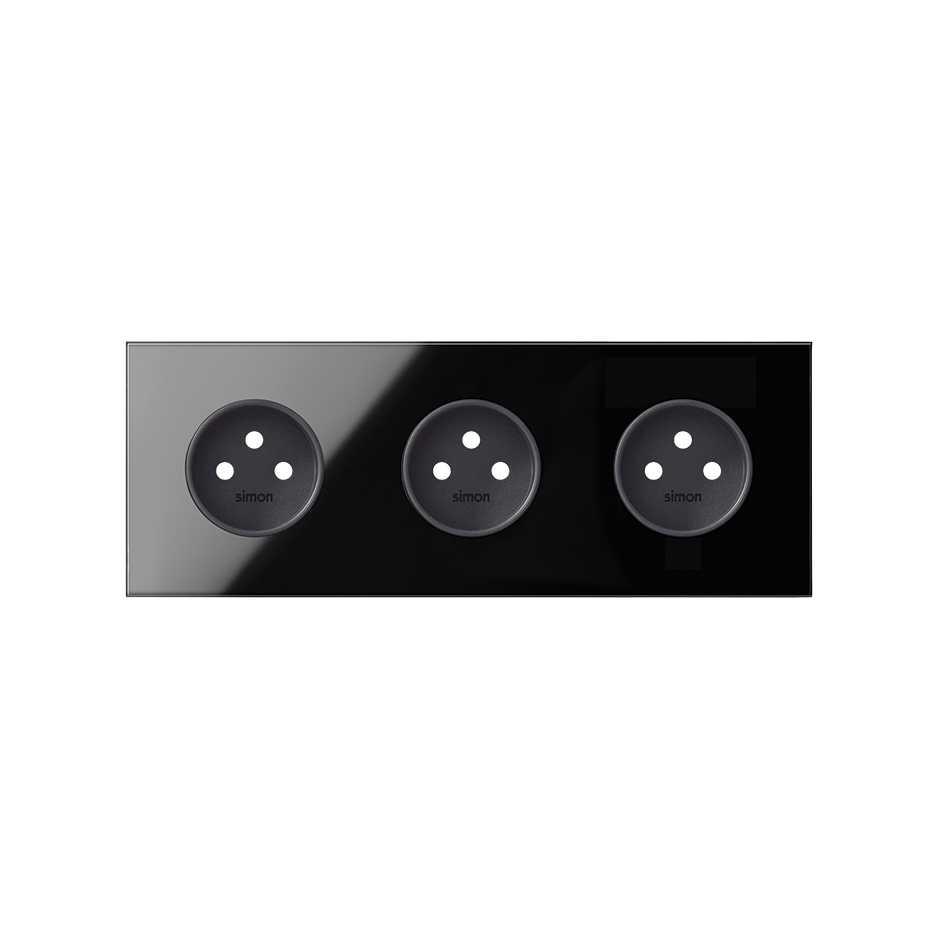 Front face kit for 3 elements with 3 gloss black 2P sockets Simon 100
