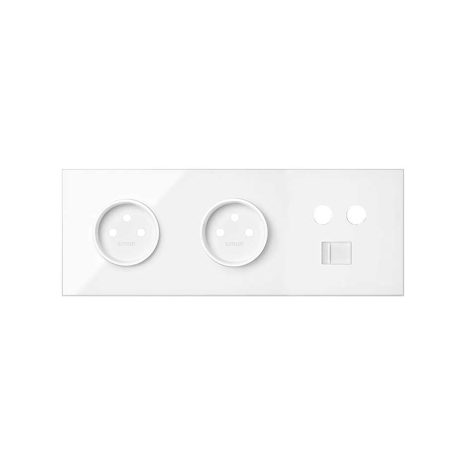 Front face kit for 3 elements with 2 2P sockets and 1 single R / TV + SAT socket with 1 gloss white RJ45 connector Simon 100