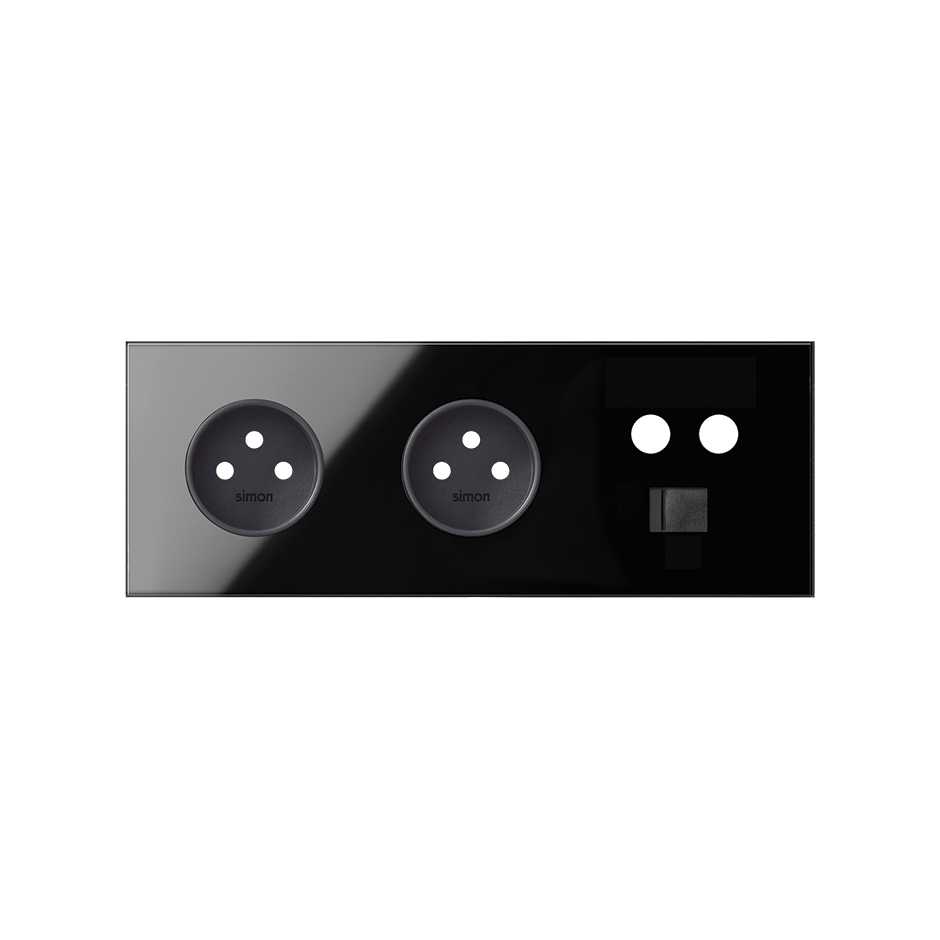 Kit face avant pour 3 éléments avec 2 prises 2P et 1 seule prise R / TV + SAT avec 1 connecteur RJ45 noir brillant Simon 100
