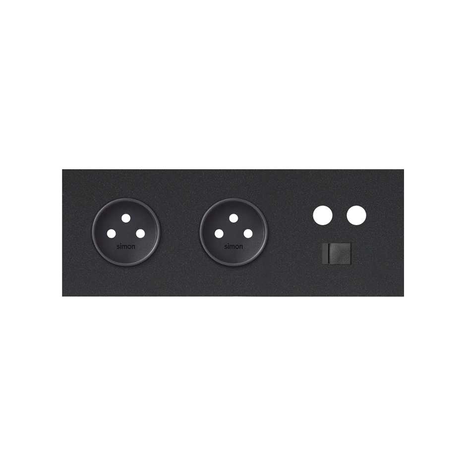 Kit face avant pour 3 éléments avec 2 prises 2P et 1 seule prise R / TV + SAT avec 1 connecteur RJ45 noir mat Simon 100
