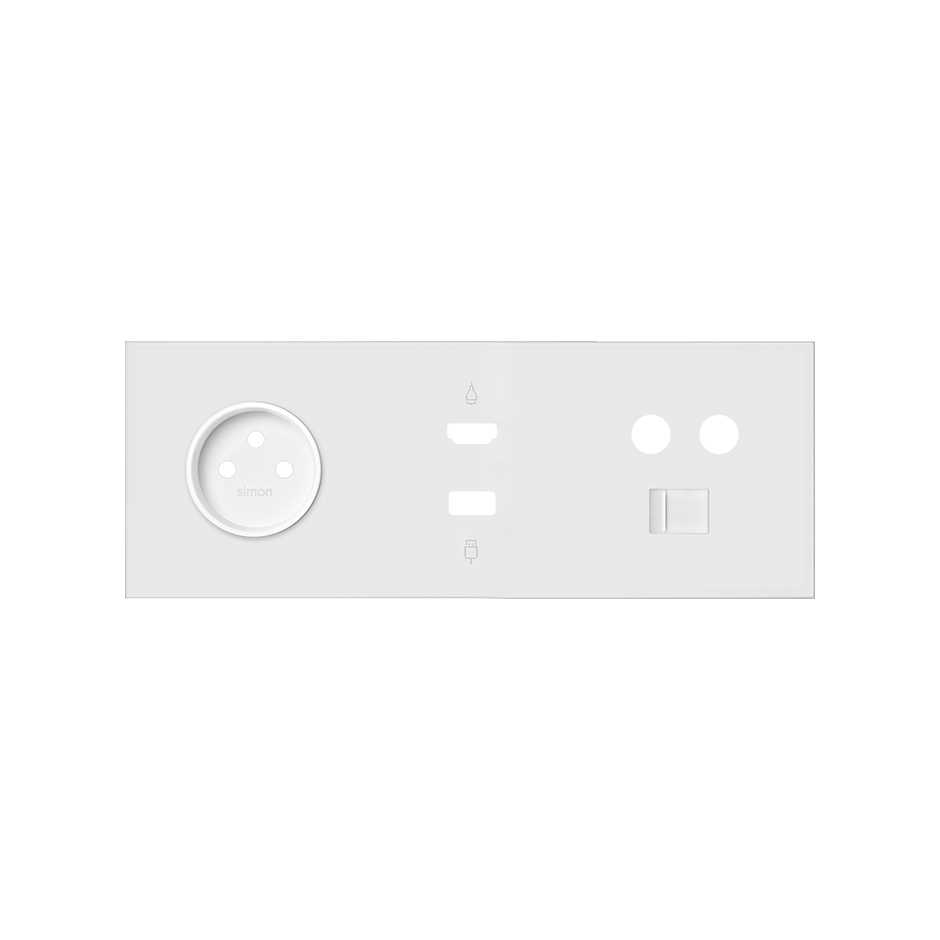 Kit face avant pour 3 éléments avec 1 prise 2P, 1 connecteur HDMI + USB et 1 prise simple R / TV + SAT blanc mat Simon 100