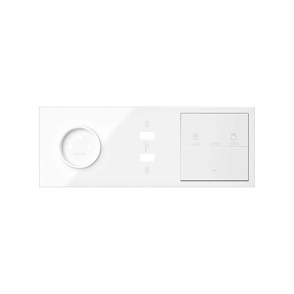 Front face kit for 3 elements with 1 2P socket, 1 2xUSB charger, 1 blind switch and 1 gloss white button Simon 100