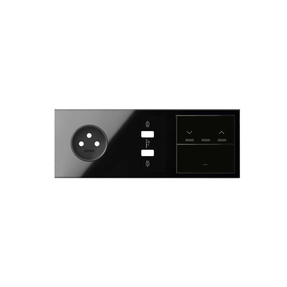 Front face kit for 3 elements with 1 2P socket, 1 2xUSB charger, 1 blind switch and 1 gloss black button Simon 100