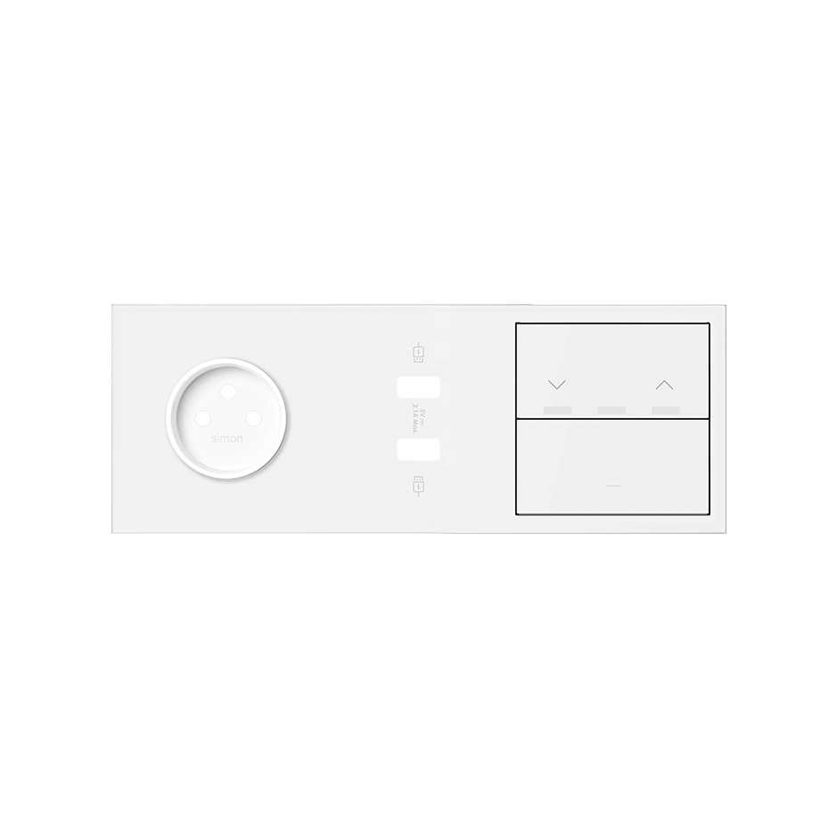 Kit face avant pour 3 éléments avec 1 prise 2P, 1 chargeur 2xUSB, 1 interrupteur de store et 1 touche blanc mat Simon 100