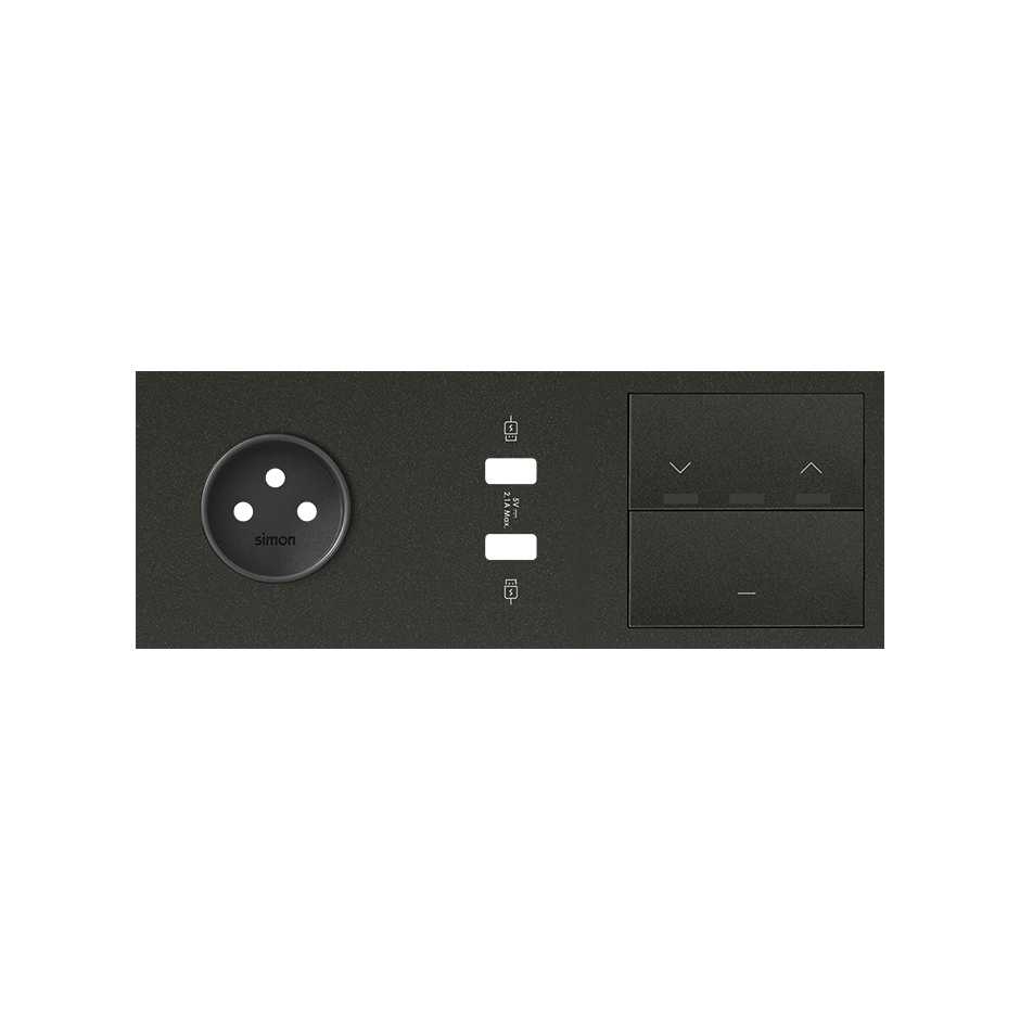 Kit face avant pour 3 éléments avec 1 prise 2P, 1 chargeur 2xUSB, 1 interrupteur de store et 1 touche noir mat Simon 100