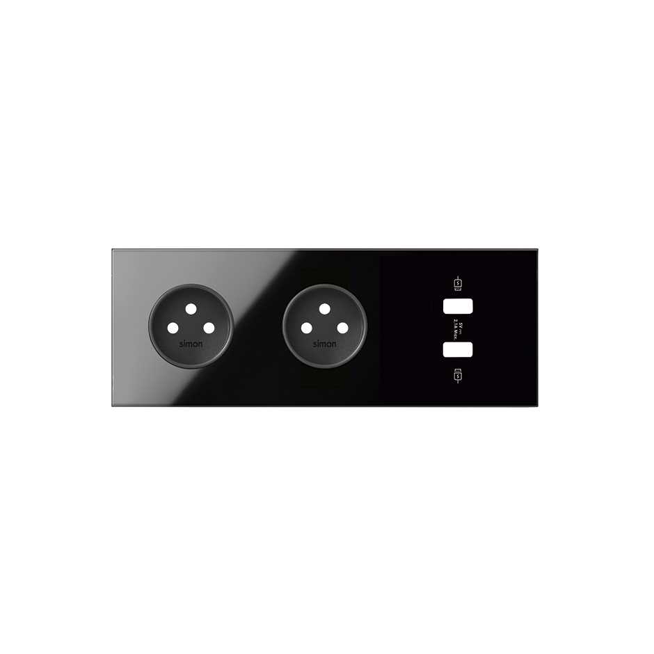 Front face kit for 3 elements with 2 2P sockets and 1 gloss black 2xUSB charger Simon 100