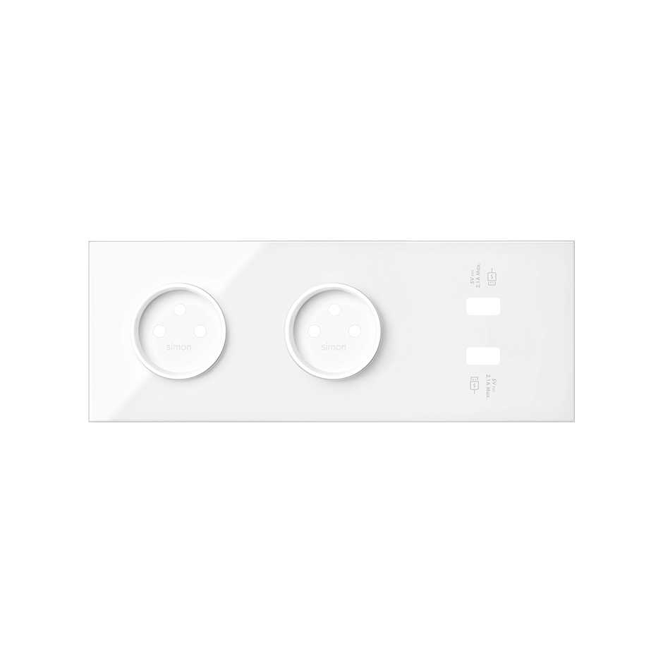 Kit face avant pour 3 éléments avec 2 prises 2P et 1 chargeur 2xUSB blanche brillant Simon 100