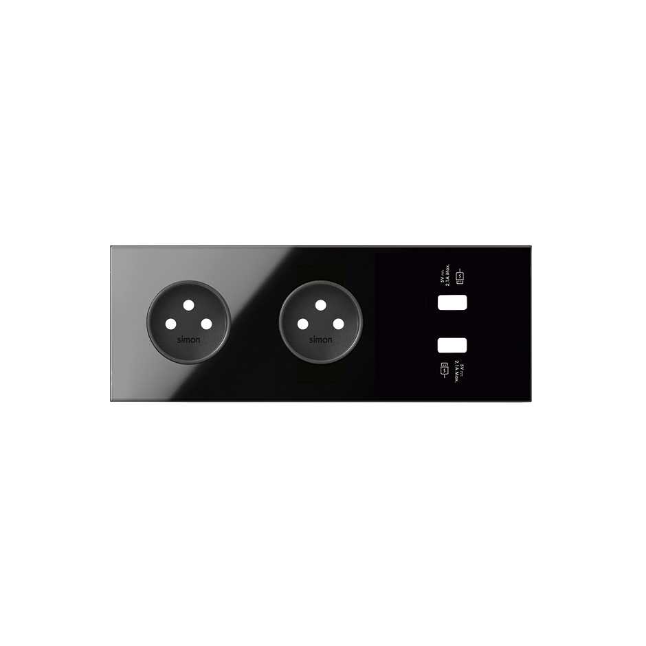 Kit face avant pour 3 éléments avec 2 prises 2P et 1 chargeur 2xUSB noir brillant Simon 100