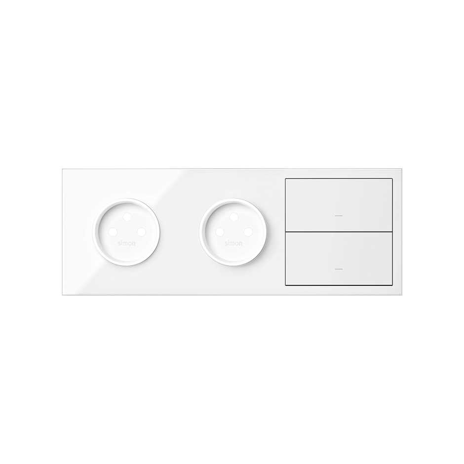 Front face kit for 3 elements with 2 2P sockets and 2 gloss white buttons Simon 100