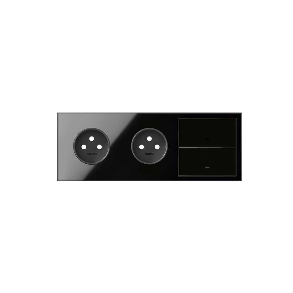 Front face kit for 3 elements with 2 2P sockets and 2 gloss black buttons Simon 100