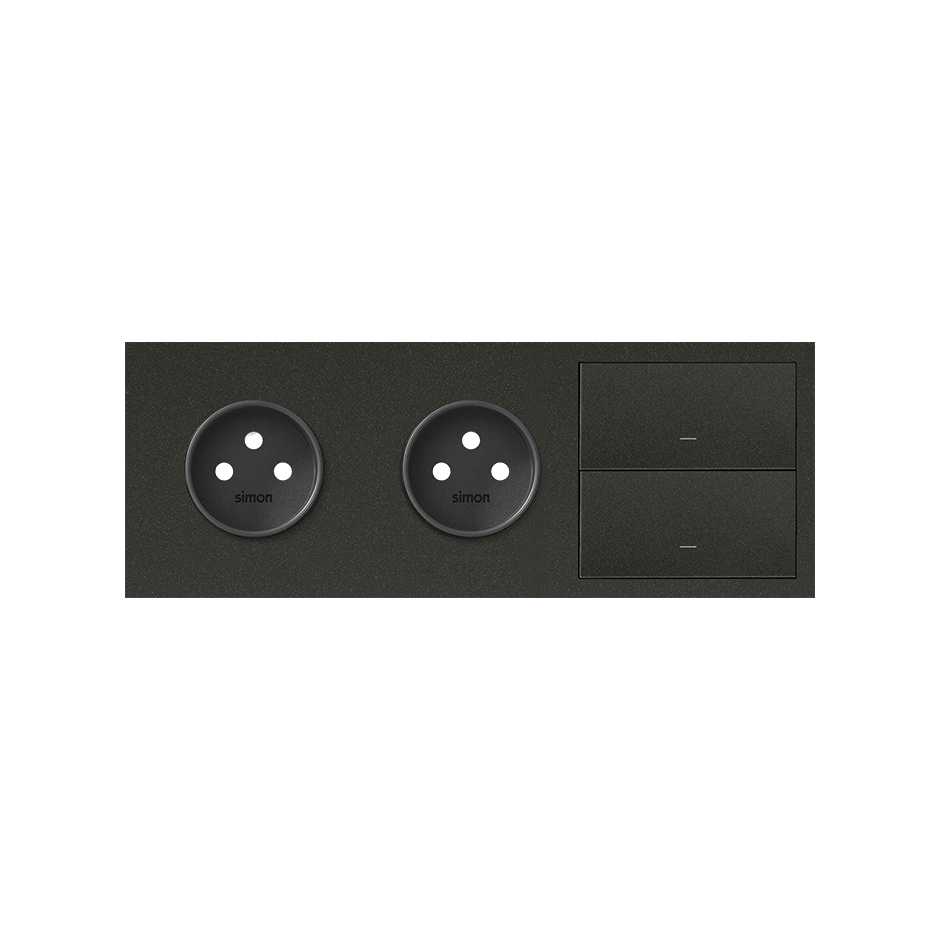 Front face kit for 3 elements with 2 2P sockets and 2 matt black keys Simon 100