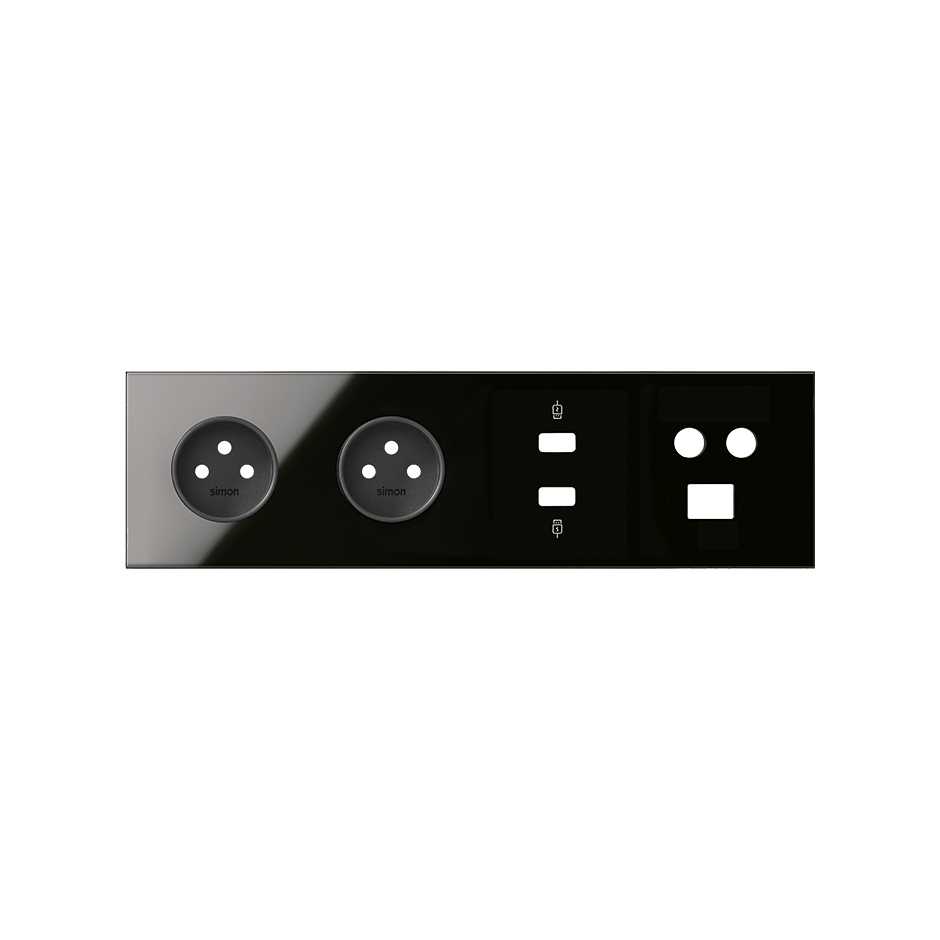 Kit face avant pour 4 éléments avec 2 prises 2P, 1 prise HDMI + USB, 1 prise R-TV + SAT + 1 connecteur RJ45 noir brillant Simon 100