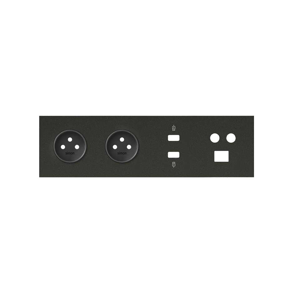 Front face kit for 4 elements with 2 2P sockets, 1 HDMI + USB socket, 1 R-TV + SAT socket + 1 matt black RJ45 connector Simon 100