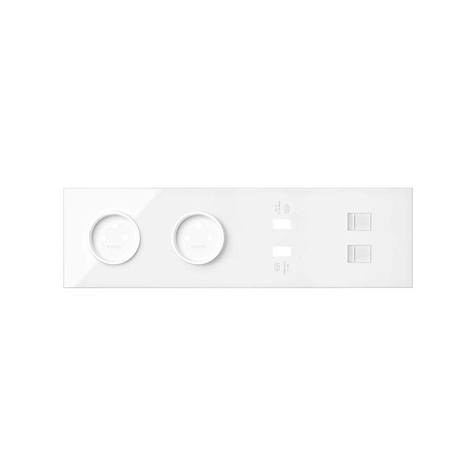 Kit face avant pour 4 éléments avec 2 prises 2P, 1 chargeur double 2xUSB et 2 connecteurs RJ45 blanc brillant Simon 100